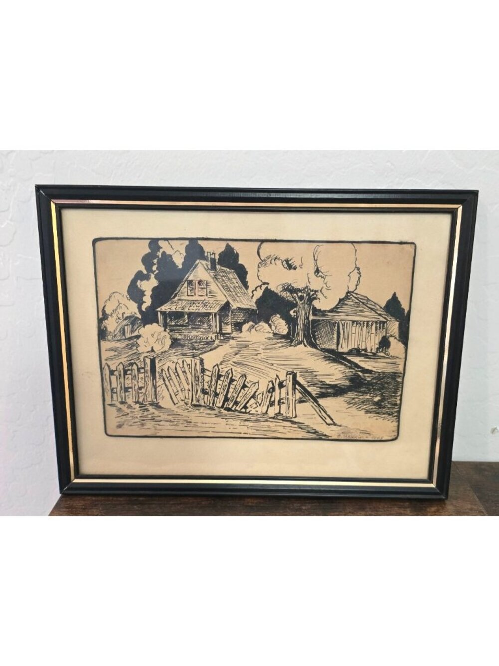 Regiionalist 1945 Americana B. Hankins House and Fence In Black Frame